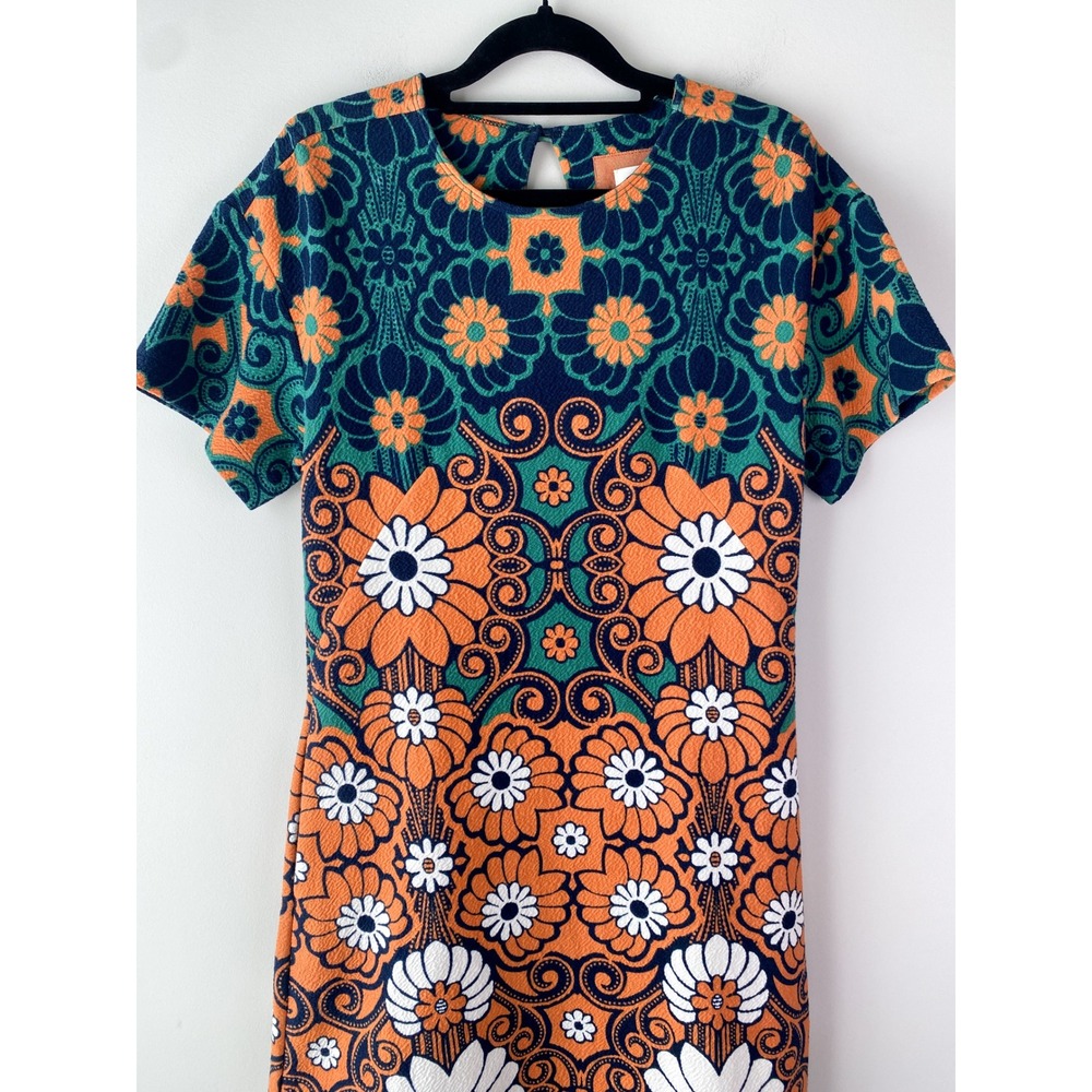 Maeve Anthropologie Floral Shift Mini Dress XS Teal Orange Hippie 70s Retro Mod - Picture 5 of 14